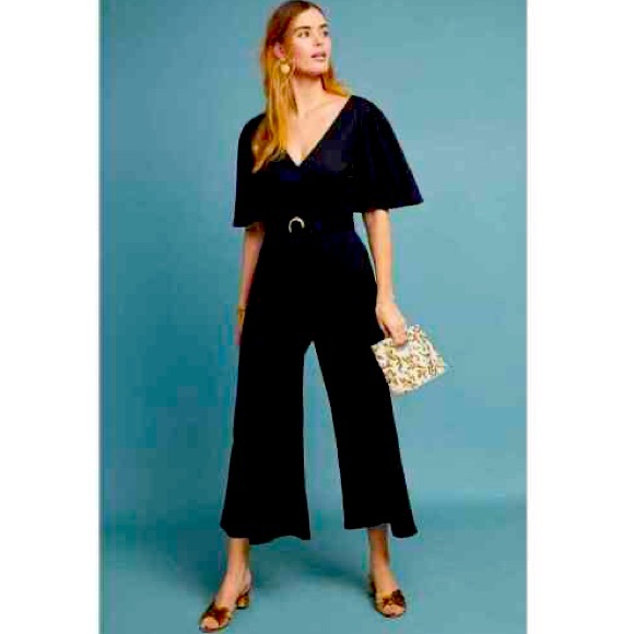 ett twa for Anthropologie Black V Neck Belted Flutter Sleeve Margaret Jumpsuit - Picture 1 of 2